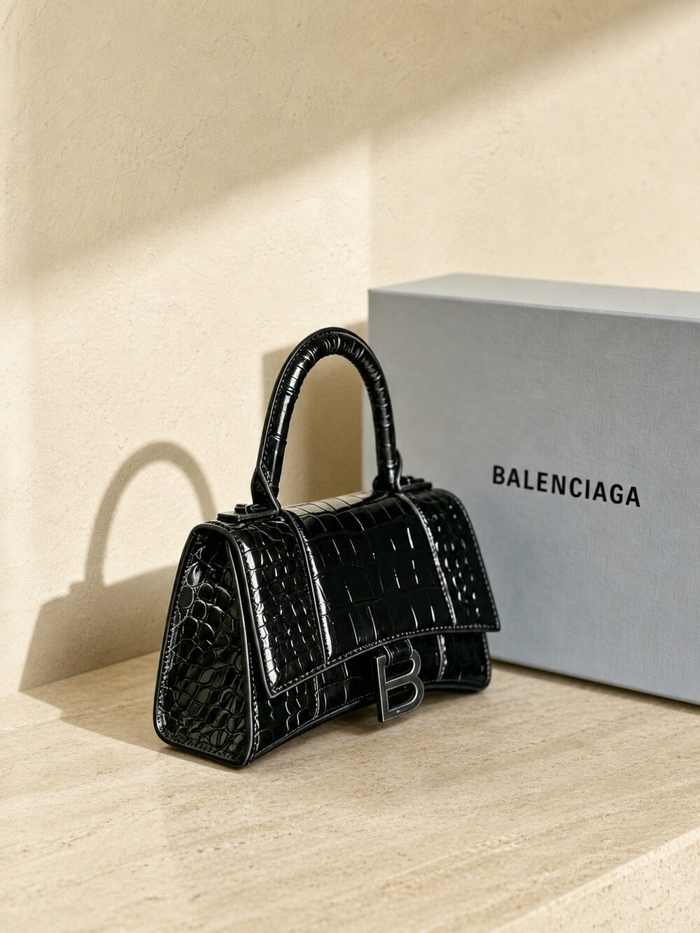 Balenciaga Black Croc Embossed Hourglass Handbag - Picture 4 of 6
